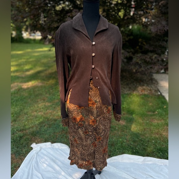 R&K Brown and Orange Leopard Print Pencil Skirt and Suede Jacket Coord Set - Picture 1 of 9